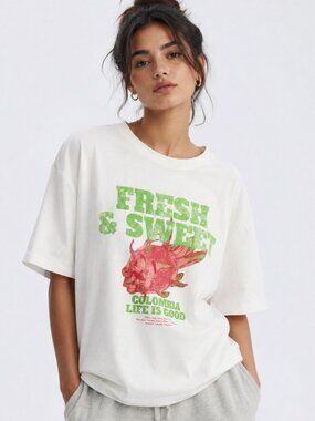 Zara Cotton Oversized T Shirt Short Sleeve Dragonfruit Beach White Pink Medium